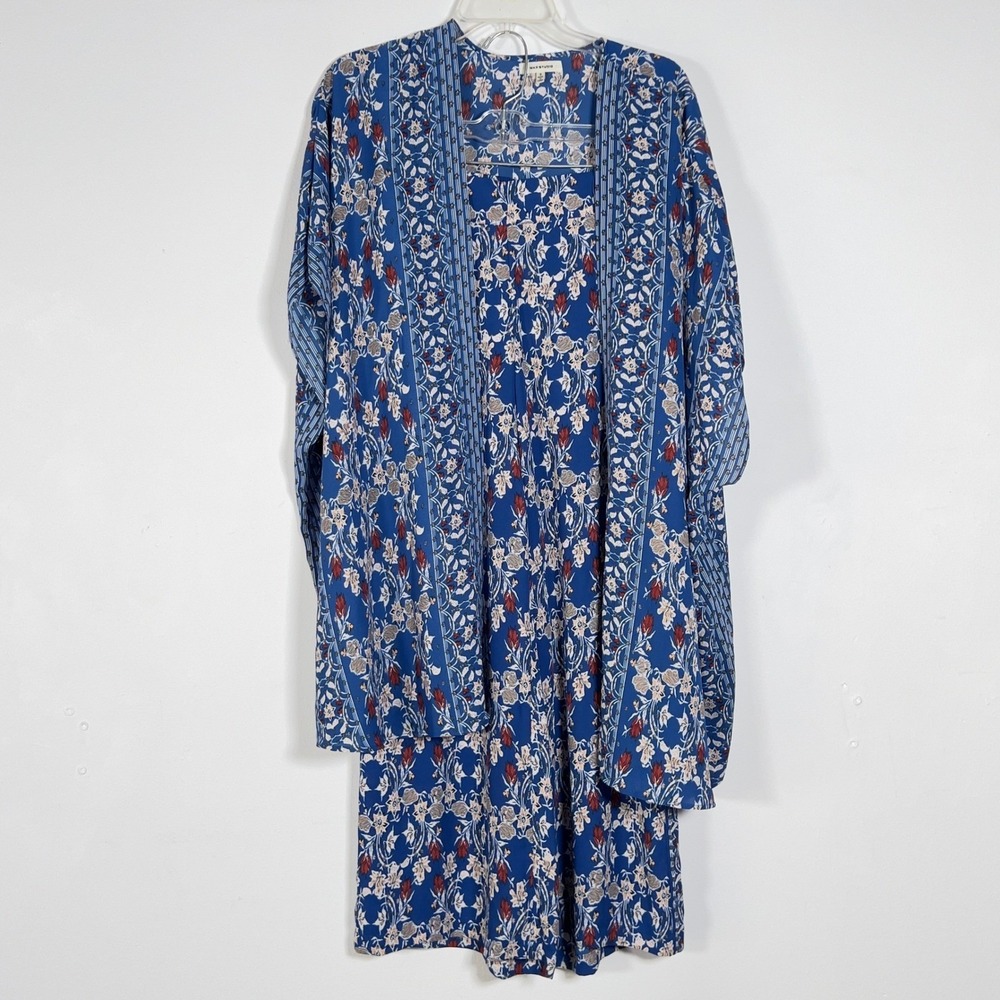 Max Studio 2pc Set Kimono Wide Leg Pants Women Sz S Blue Floral